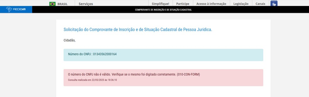 Perfil alega número de CNPJ que não é encontrado no site da Receita Federal — Foto: Reprodução