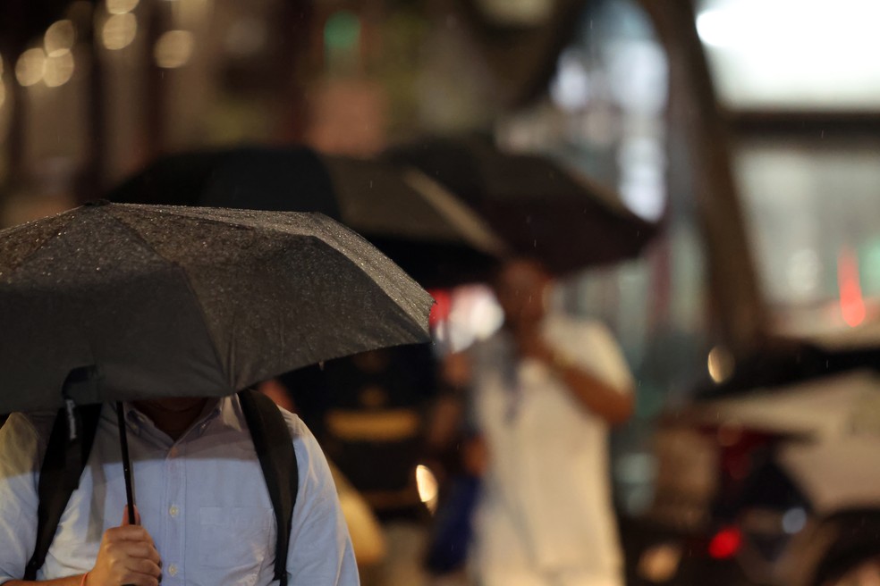 São Paulo (SP)， 31/03/2025 - Pessoas durante chuva na Avenida Paulista. — Foto: Paulo Pinto/Agência Brasil