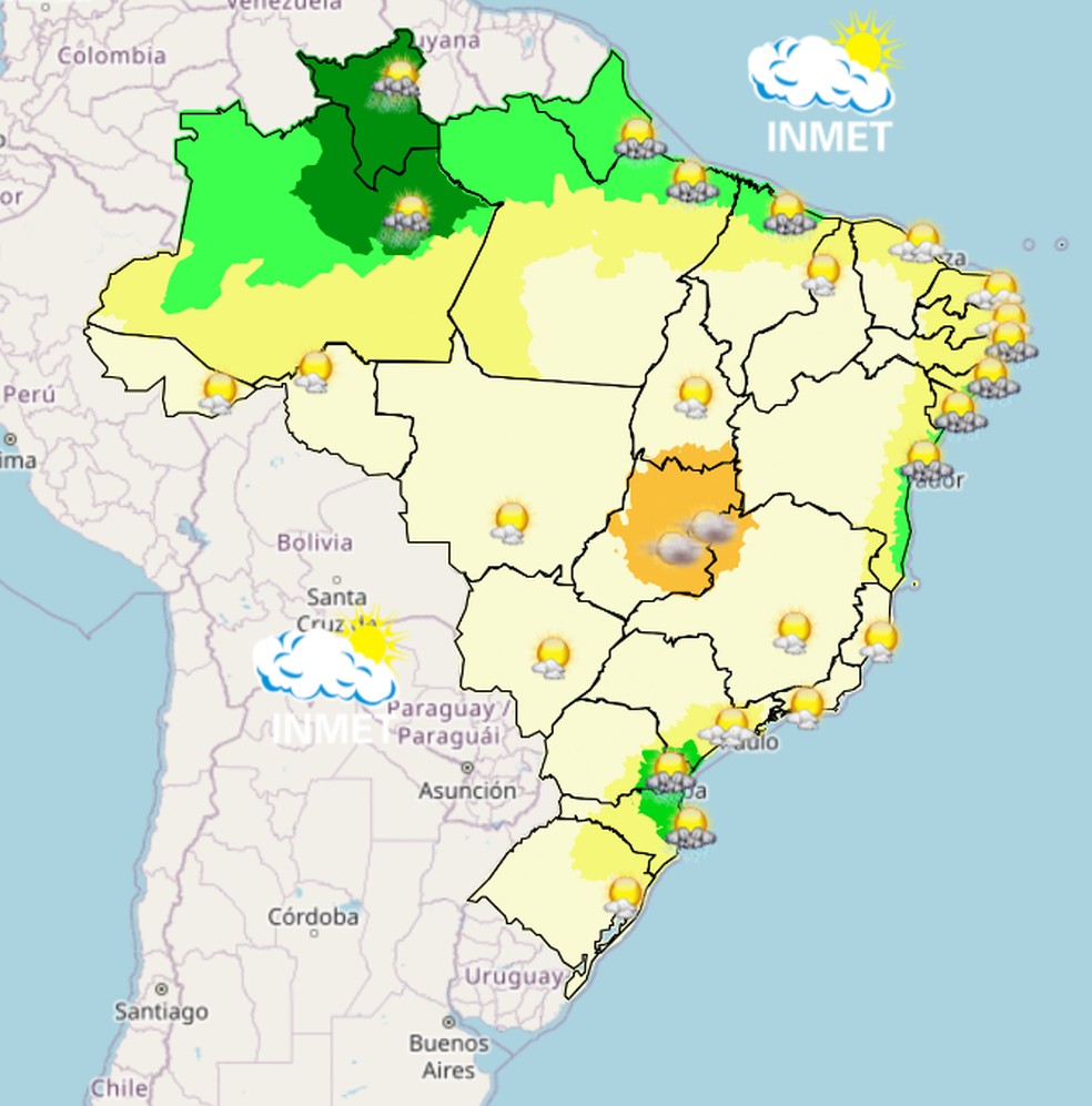 Mapa mostra previsão de chuva para esta quarta (27) em todo o Brasil. — Foto: Inmet/Reprodução