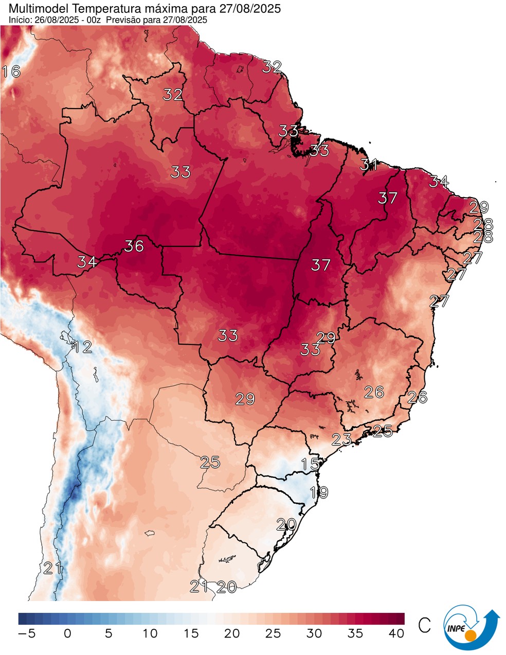 Mapa mostra previsão de temperatura máxima para esta quarta (27). — Foto: CPTEC/Inpe