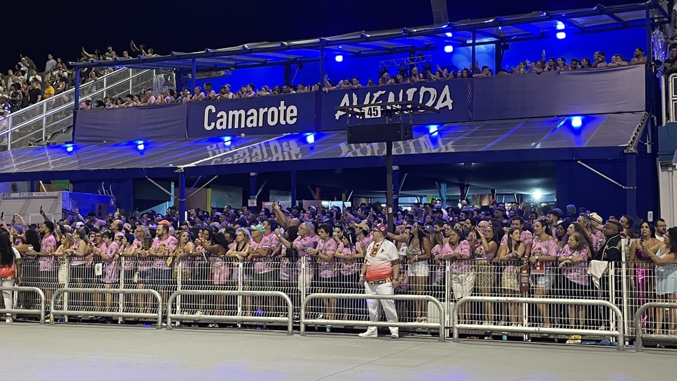 Camarote lotado no Sambódromo do Anhembi， no carnaval 2025 — Foto: Renata Bitar/g1
