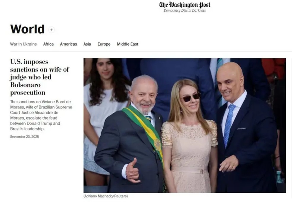 Sanção a esposa de Moraes foi destaque no jornal 'The Washington Post'， dos Estados Unidos. — Foto: Reprodução